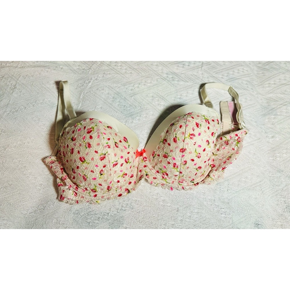 Victoria's Secret Pink and White Demi Cup Bra Floral Print Lace Trim 34DDD